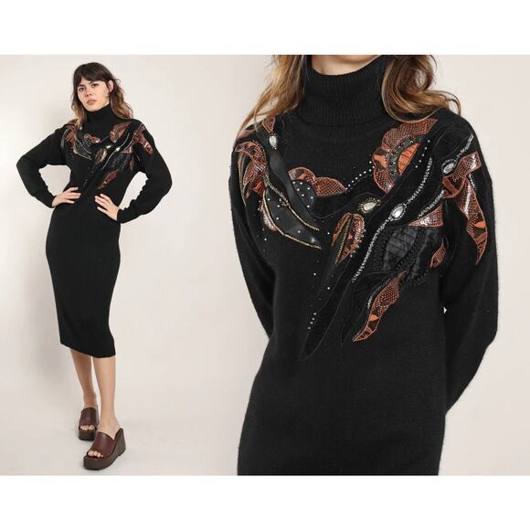 Vintage Susan Bennett Sweater Dress Womens Medium Black Silk Angora Stretch 80s - Picture 4 of 12